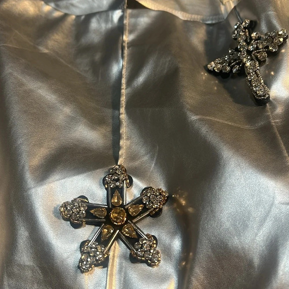 NWT Fashion NOVA Silver Faux Leather Flare Silver Pants w/ Rhinestone Crosses - Picture 15 of 16